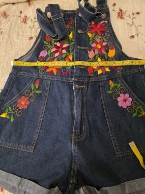 HandEmbroidered Floral Denim Short Overalls - Multicolor Flowers